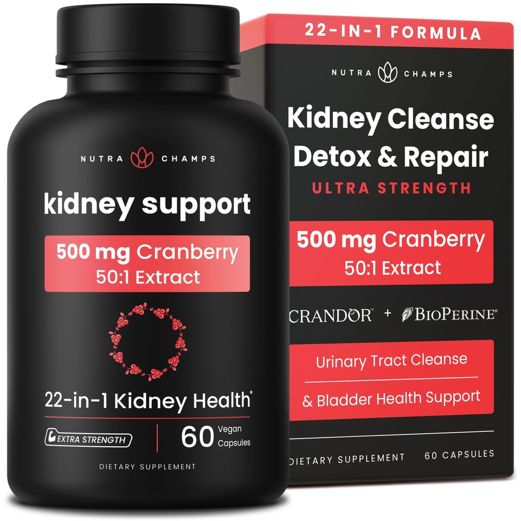 Kidney Cleanse Detox | 22-in-1 Kidney Support Supplement | 25.000mg Cranberry Pills Extract | Extra Strength Repair & Flush Premium Formel | Urinary Tra Health for Women & Men | 60 Vegan Kapseln