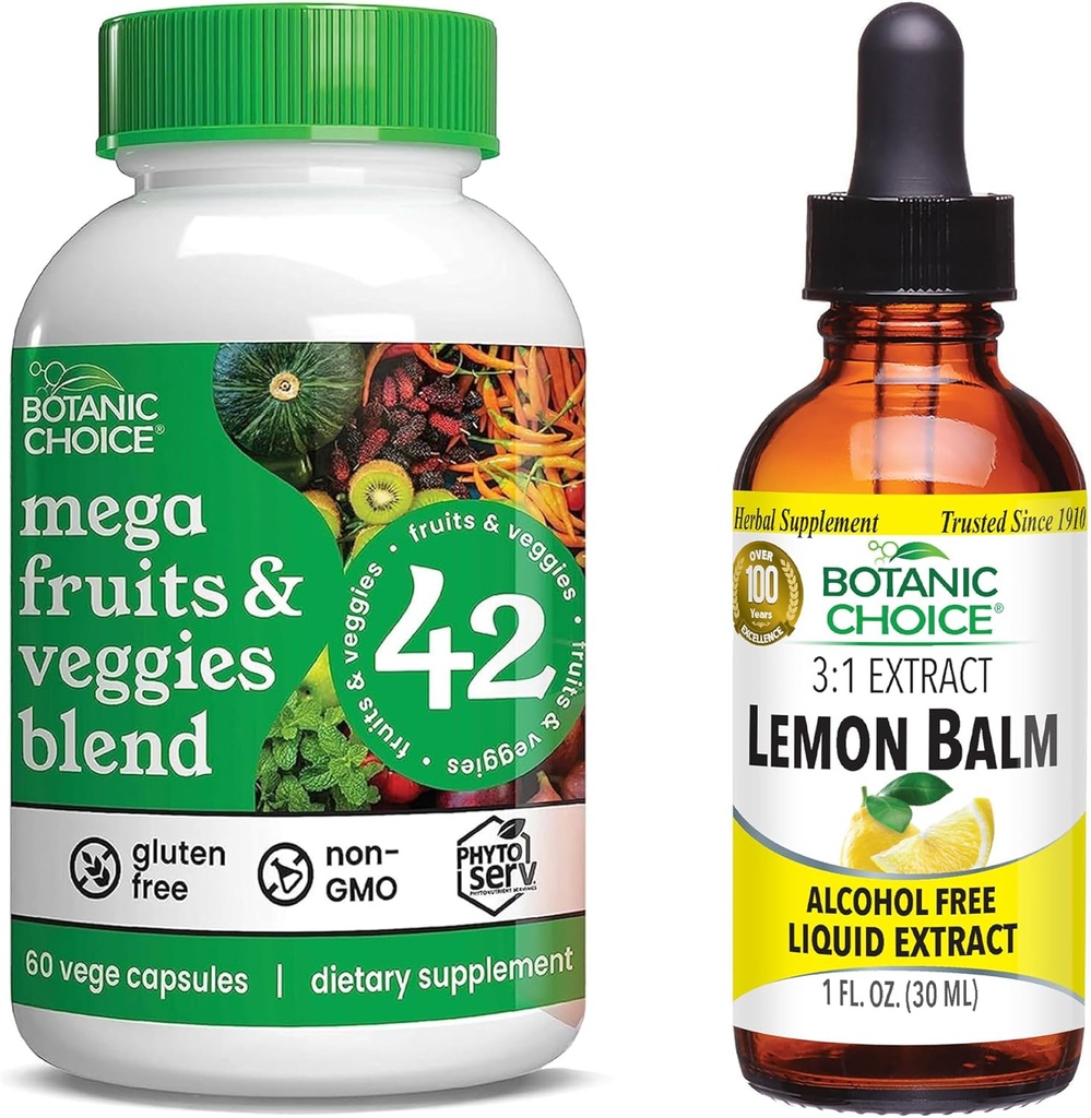 Botanische Wahl Mega Fruits and Veggies Blend (60 Kapseln) + Lemon Balm Tincture (1 fl oz) Bundle - Energy Balance & Superfood Supplement + Relaxation und Schlafunterstützung