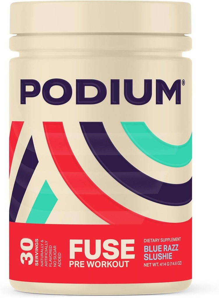 Podium Nutrition, Fuse Pre Workout Powder, Blue Razz Slushie, 30 Servierungen, Beta Alanine und Koffein für Energie, Glutenfrei, Sojafrei, Dairy Free