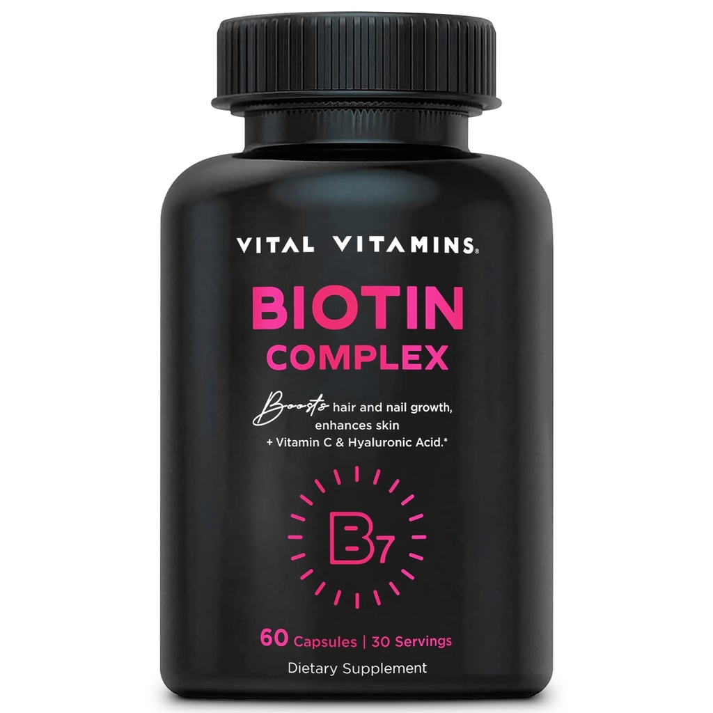 Vital Vitamins Biotin Complex Pills - with Hyaluronic Acid, MSM, Collagen, & Vitamin C - Supplement for Hair, Skin, & Nails - 60 Capsules