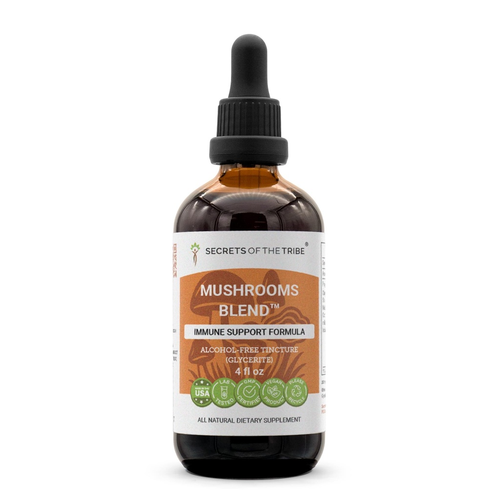 Secrets of the Tribe Mushrooms Blend Alkoholfrei, Glycerite Chaga, Shiitake, Maitake, Cordyceps, Reishi Pilz. Tinktur, Kräuterextrakt Immununterstützung Formel 4 OZ