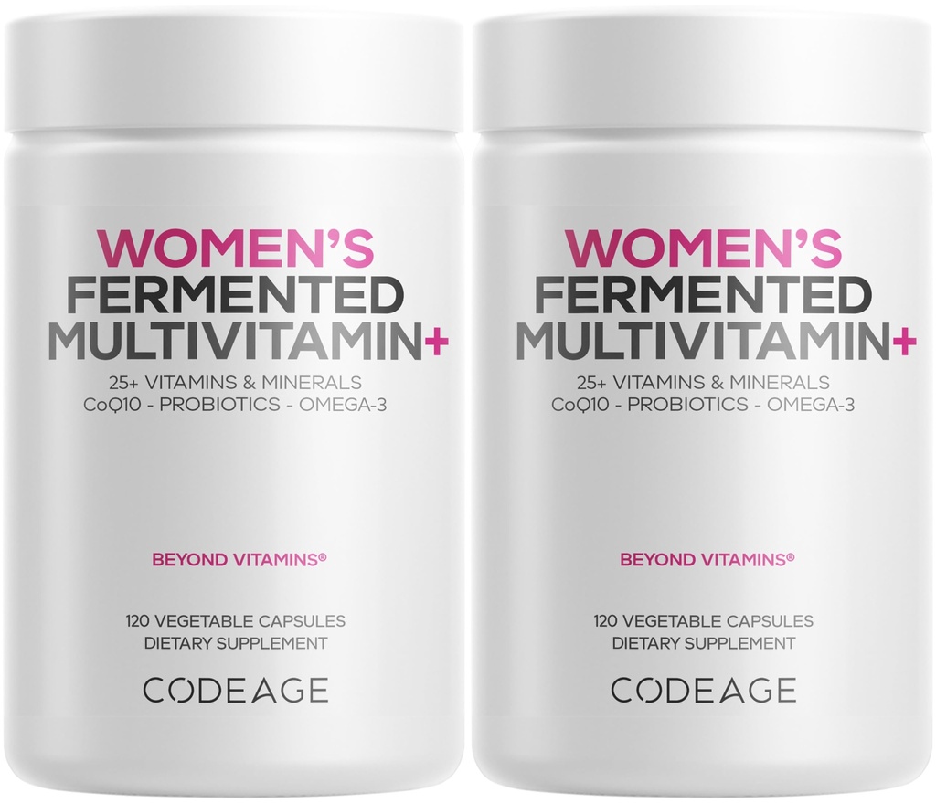 Codeage Women’s Daily Multivitamin, 25+ Vitamine & Minerals, Fermented, Organic Whole Foods, Probiotics Supplement - Vitamin A, B, C, D, E & K, Omega 3, Zink – Vegan - 2 Pack