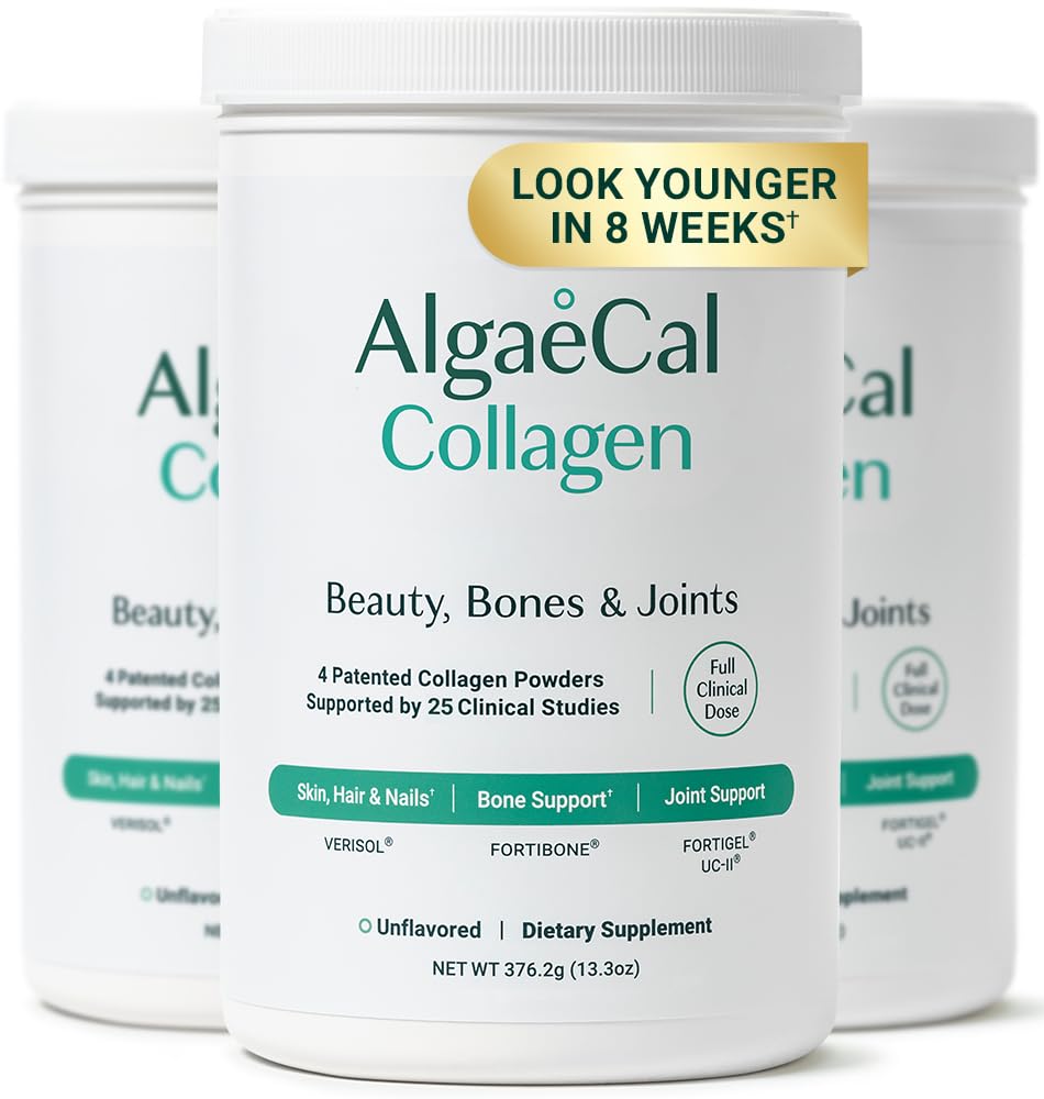 ALGAECAL Collagen - 4 klinisch unterstützte Peptide VERISOL®, FORTIGEL®, UC-II®, FORTIBONE®, Anti-Aging Hydrolysed Collagen Powder, 3 Packs, Made in USA