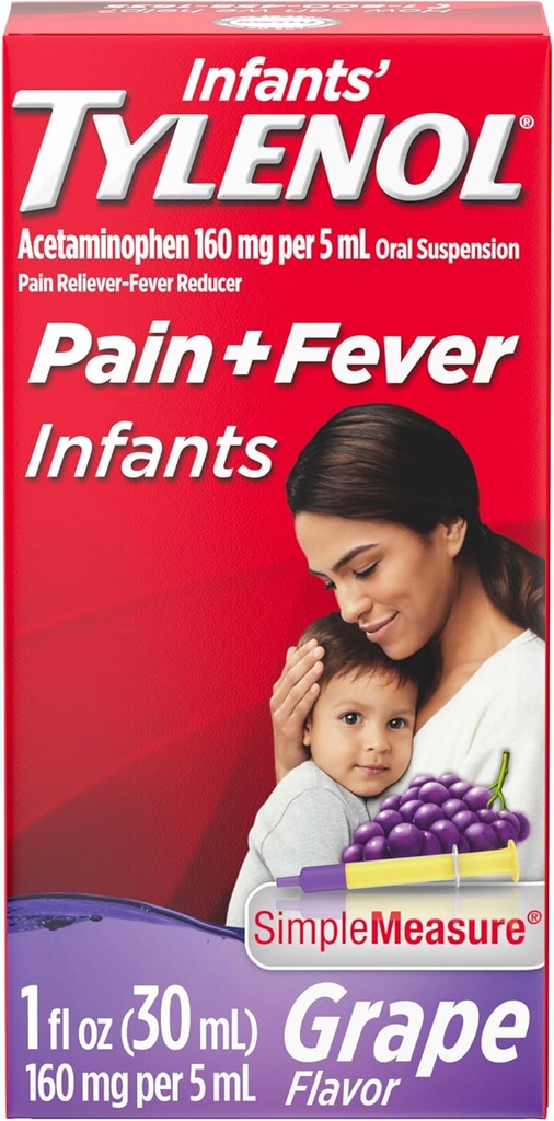 Infants' Tylenol Oral Suspension Liquid Medicine mit Acetaminophen, Baby Fever Reducer & Pain Reliever für Minor Aches & Pains, Sore Throat, Headache & Toothache, Grape Flavor, 1 fl. Oz