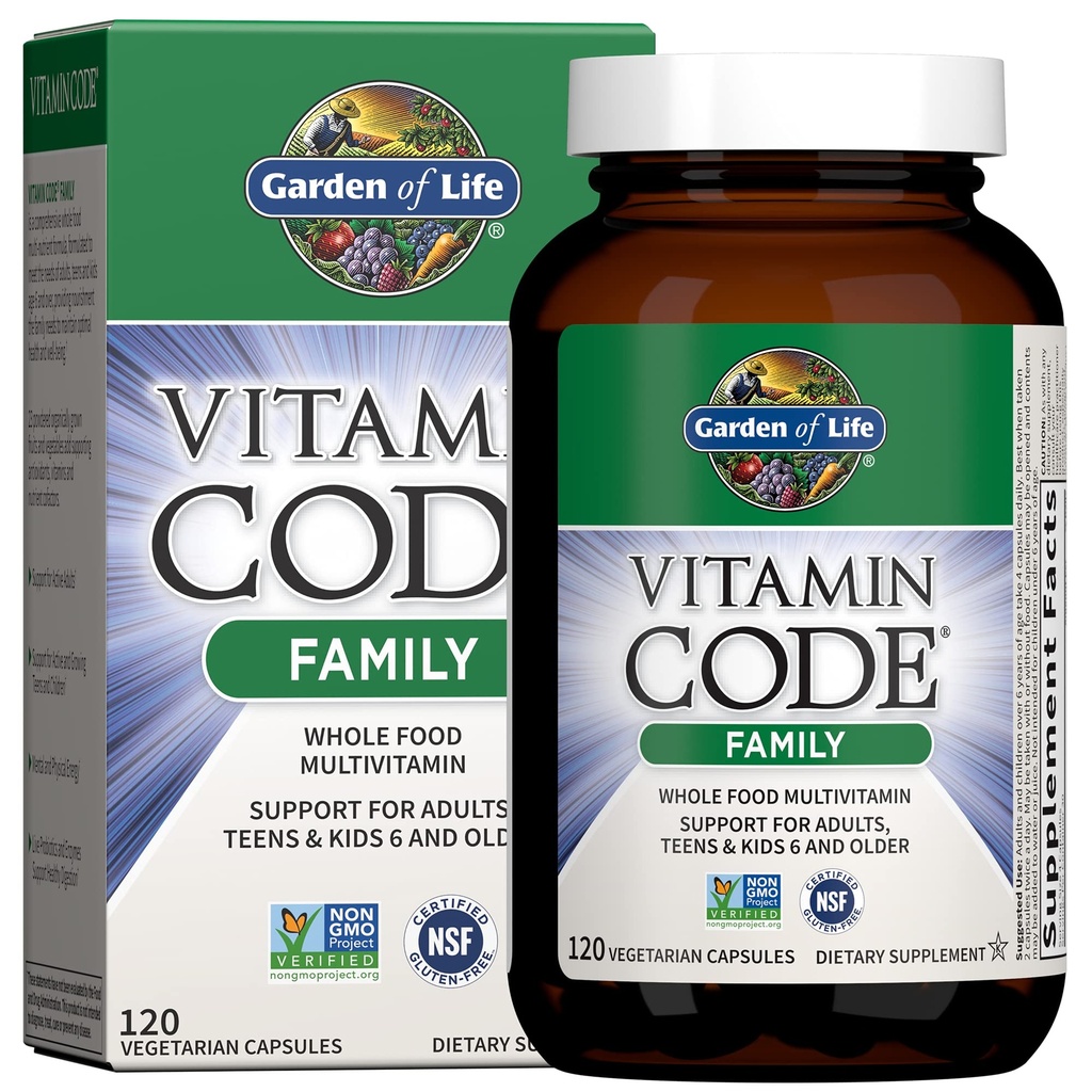 Garten des Lebens Multivitamin für Frauen, Männer & Kinder Alter 6 und höher, Vitamin Code Family Multi - 120 Vegetarische Kapseln, Ganze Nahrung Vitamine, Lebensmittelmischung & Probiotika, Glutenfreie Nahrungsergänzungen