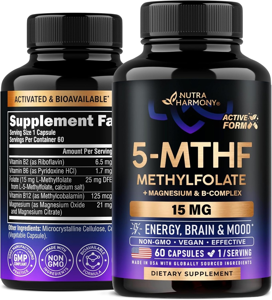 NUTRAHARMONY L Methylfolat 15 mg - 5-MTHF Methylfolat Supplement Plus Methyl B12, Vitamine B2 & B6, Magnesium - Made in USA, 60 Kapseln für 2 Monate