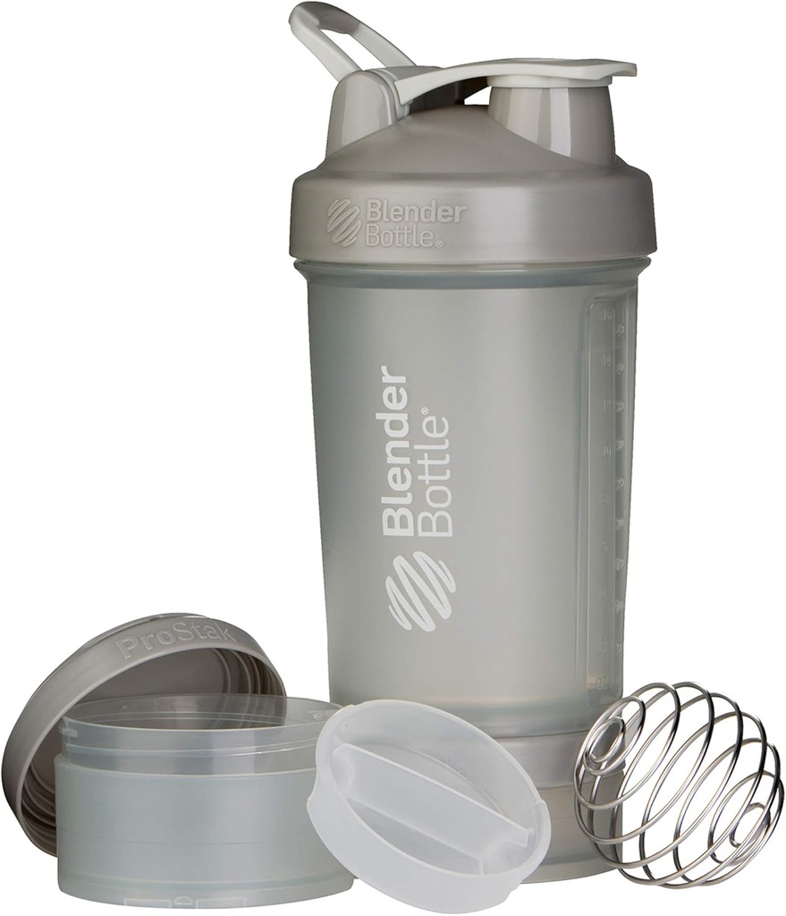 BlenderBottle Shaker Bottle mit Pill Organizer und Storage für Protein Powder ProStak System, 22-Ounce, Pebble Grey
