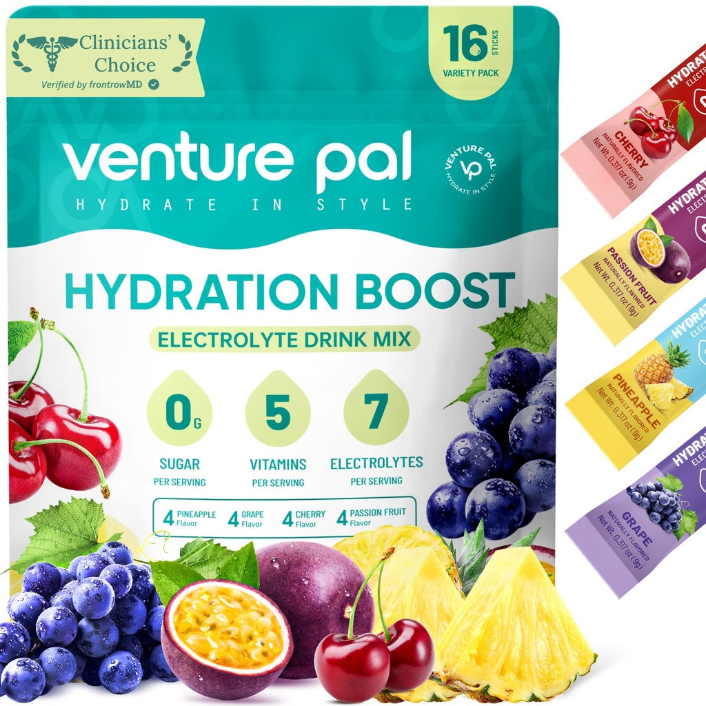 Venture Pal Sugar Free Electrolyte Powder Packets - Liquid Daily IV Drink Mix for Rapid Hydration & Party Recovery | 5 Vitamine & 7 Elektrolyte| Keto Friendly | Non-GMO | Certified Vegan | 16 Sticks