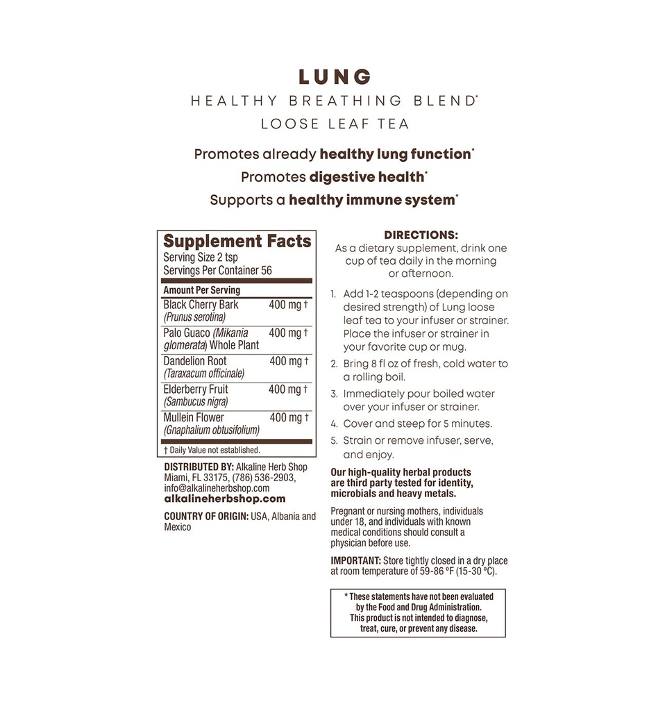Alkaline Kräuter Shop - Happy Lung Tea Supplement - Herbs mit Natur Wildcrafted Herbs - Mullein, Elderberry, Dandelion Root, Wild Cherry Bark. & Guaco - Vegan - Glutenfrei - 4 Oz Loose Blatt Kräutertee