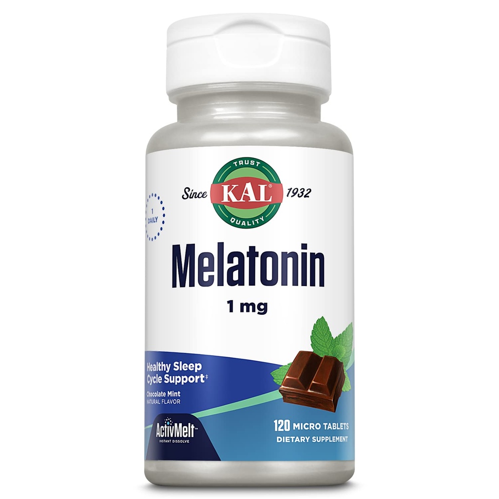 KAL Melatonin 1mg Schlafhilfe, Melatonin-Ergänzung unterstützt Beruhigung und einen gesunden Schlafzyklus, Schnellauflösende ActivMelts, Natürliche Schokolade Mint Flavor, Vegetarisch, 120 Serv, 120 Micro Tabs