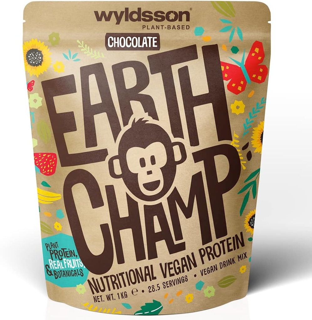 Vegane Proteinpulver (1kg) - 28 Servierungen - EarthChamp von Wyldsson - Plant Based Chocolate Protein Shake - Dairy Free - Lactose Free (Choc)