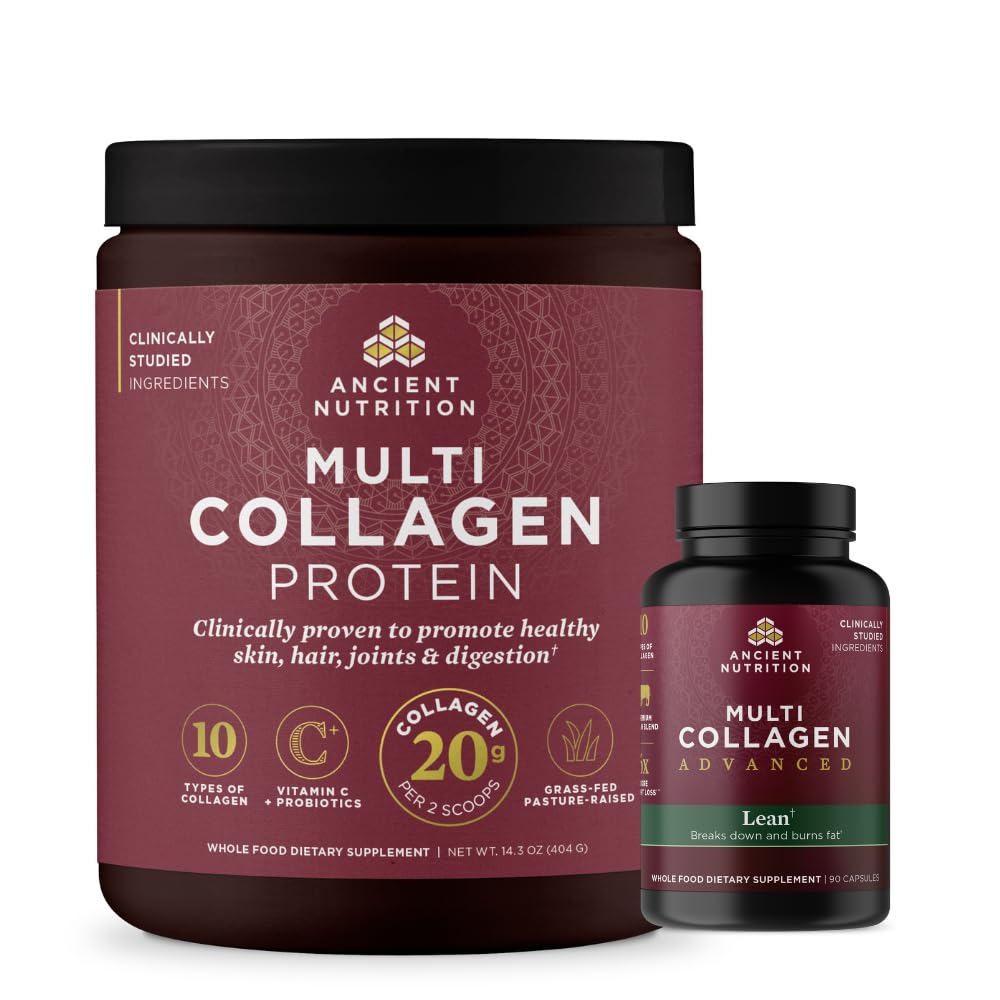 Antike Ernährung Multi Collagen Advanced Lean Capsules, 90 Count + Multi Collagen Protein Pulver, Unflavored, 40 Servierungen