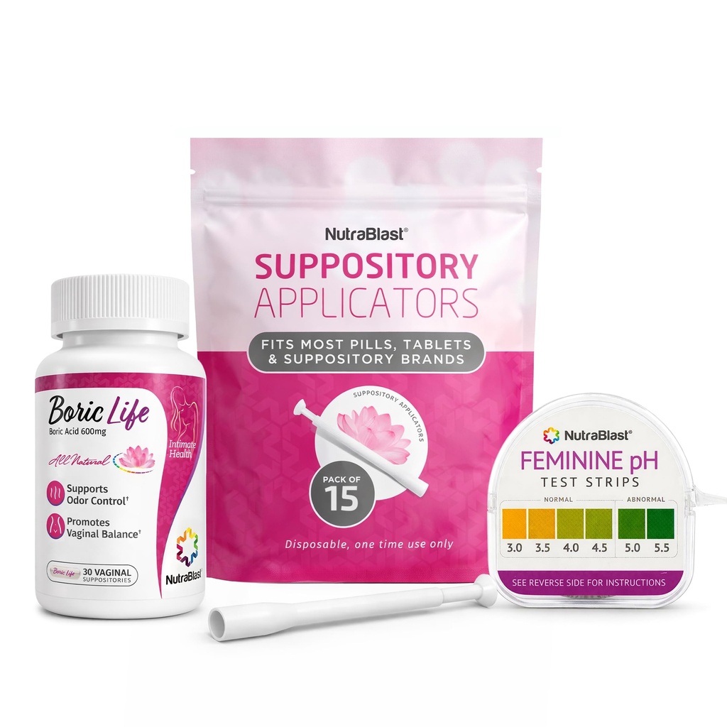 NutraBlast Borsäure Vaginal Suppositorien 600mg (30 Count) w/Disposable Vaginal Suppository Applicators (15-Pack) und Feminine pH Test Strips 3.0-5.5 (100 Tests Roll)