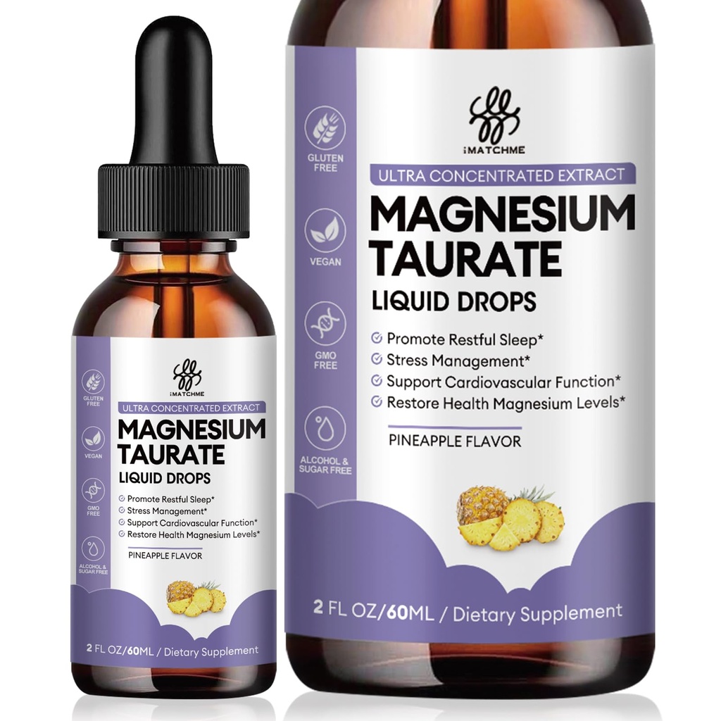 Magnesium Taurate Flüssigkeitstropfen für Muskelfunktion, Nerven- und Herzgesundheitsunterstützung, hohe Absorption Magnesiumergänzung mit B6, CoQ10, Vegan, Non-GMO, Gluten/Sugar freie Ananasflamme, 2 Fl Oz