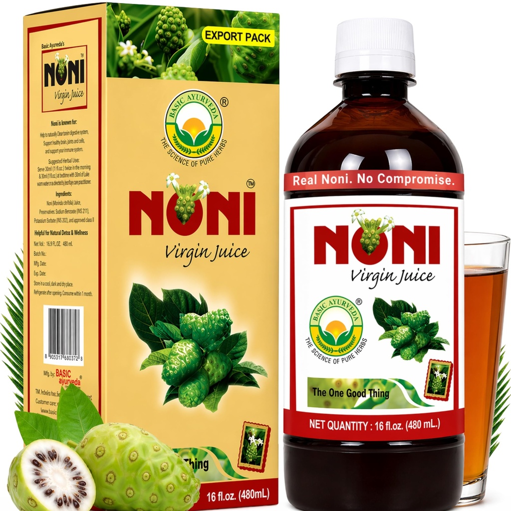 BASIC AYURVEDA Noni Virgin Fruit Juice | 16.23 Fl Oz (480ml) | Pure & Organic Ayurvedic Juice für Gesundheit und Wellness