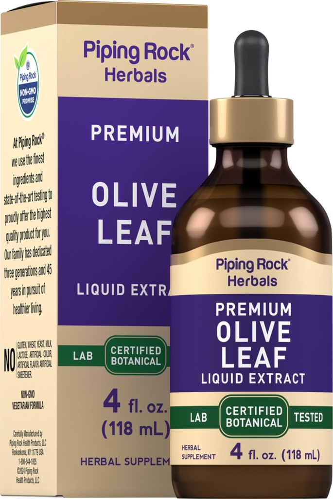 Piping Rock Olivenblatt Extrakt flüssige Tropfen | 4 Fl Oz | Alkoholfreie Tinktur | Kräuterergänzung | Olea Europaea | Vegetarisch, Non-GMO, Glutenfrei