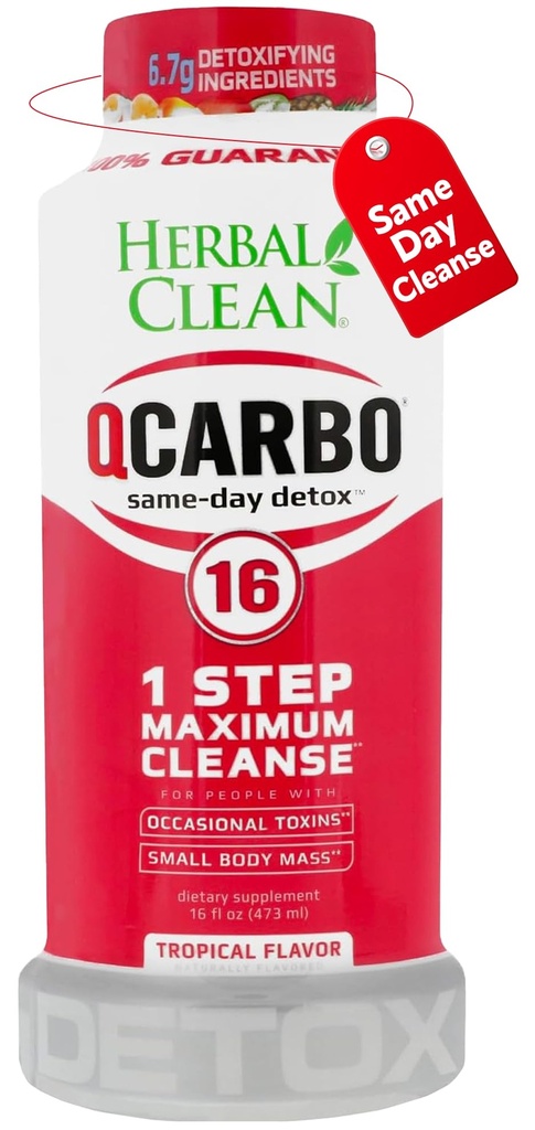 Herbal Clean Qcarbo16 Same-Day Detox Cleanse Drink (16 fl oz) - Tropical Flavor Full Body Cleanse* Detox Drink für Moderate Toxin Level*, Vitamin B2 und Vitamin B12 für Männer & Frauen