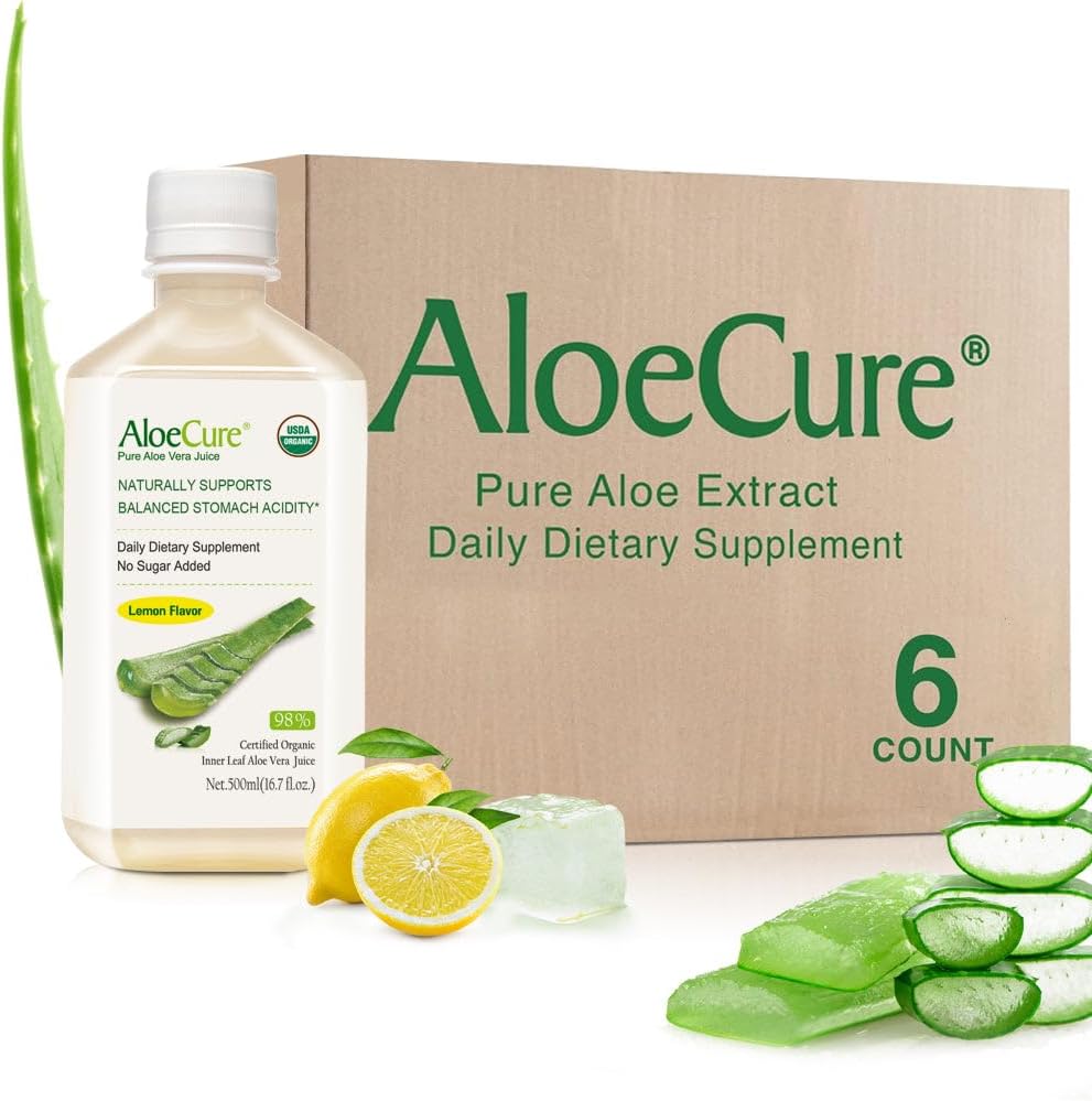 AloeCure USDA Organic Aloe Vera Juice Lemon Flavor - Hergestellt innerhalb von 12 Stunden Ernte - Natürliche Verdauungsergänzung für Balanced Stomach Acidity - Unterstützung Verdauungs- und Immungesundheit, 6 Btls x 16.7oz