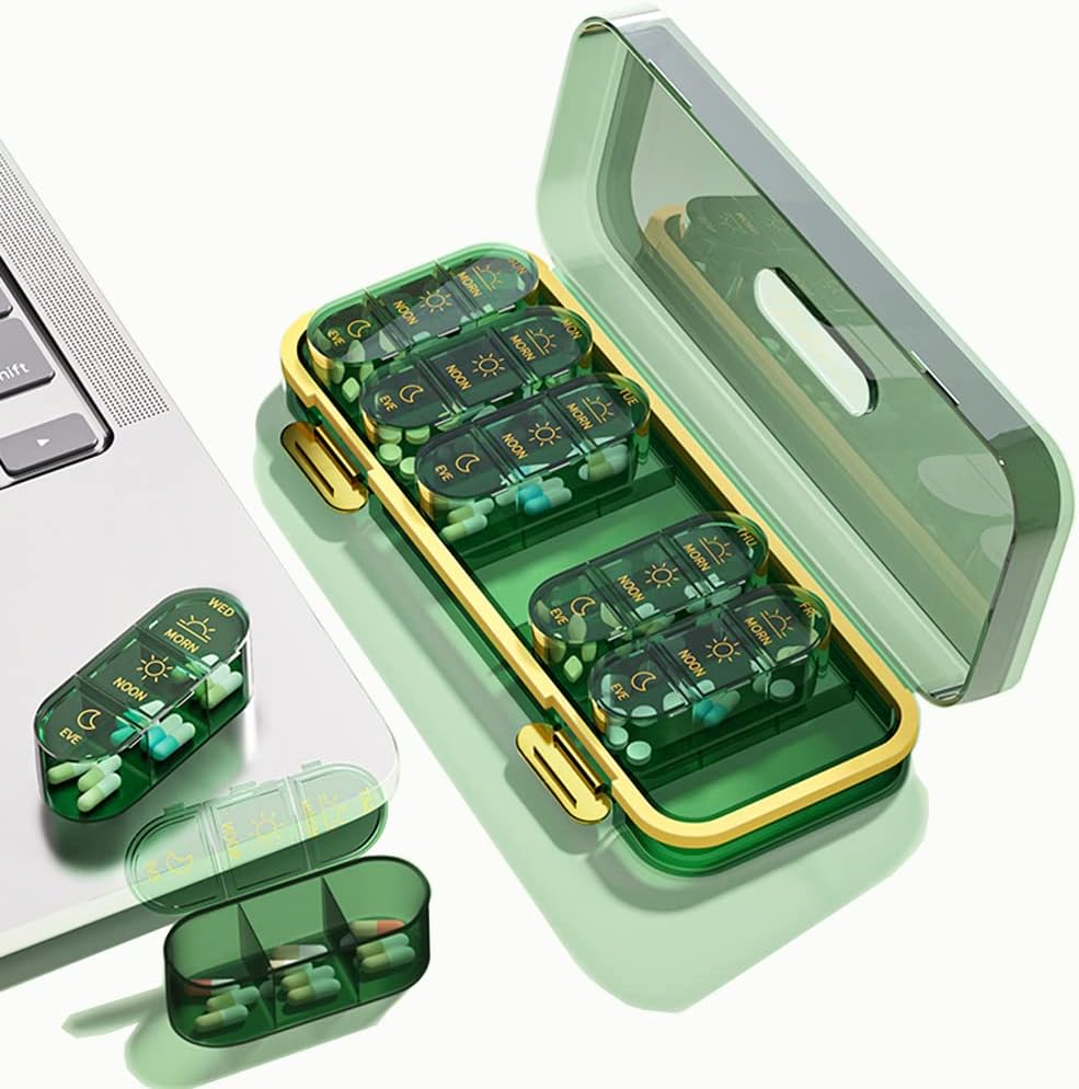 Wöchentliche Pillenspender/Organizer, 3 mal täglich, 7 Tage Pille Box/Container, große Bestandteile Reise Moisture-Proof Medizin Fall für Fischöl Vitamine Pillen (Transparent Green)
