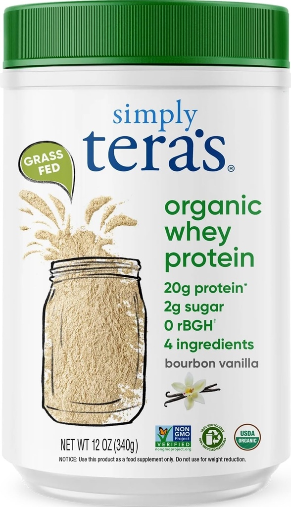 einfach tera's Organic Whey Protein Powder - Gras Fed Vanilla Whey Protein Powder, Clean, Made Ohne künstliche Süßungsmittel, Non-GMO, Kosher, rBGH-Free, Organic - 12 Oz.