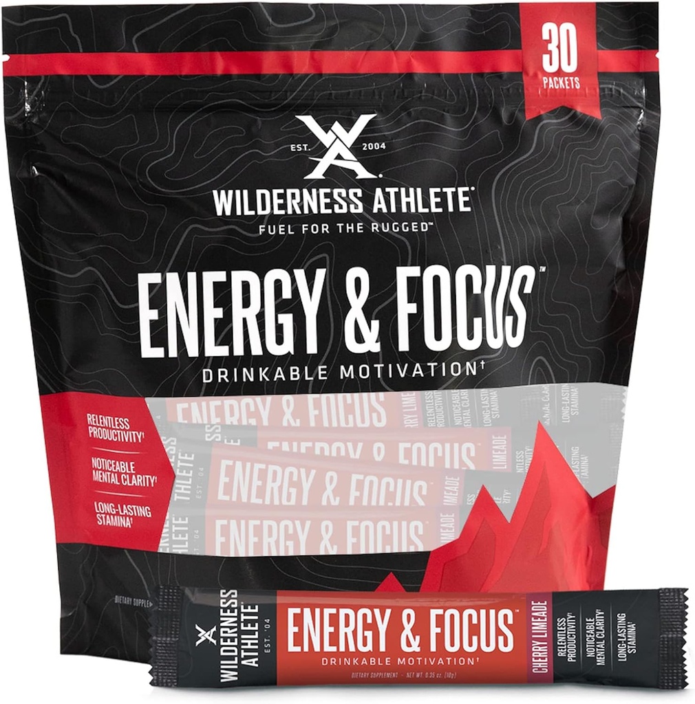 Wilderness Athlete - Energy & Focus | Energy Booster for Women & Men - Energy Drink Mix mit natürlichem Koffein - Low-Carb, Zero Energy Drink Powder - 30 Servier Energy Drink Packets (Cherry)