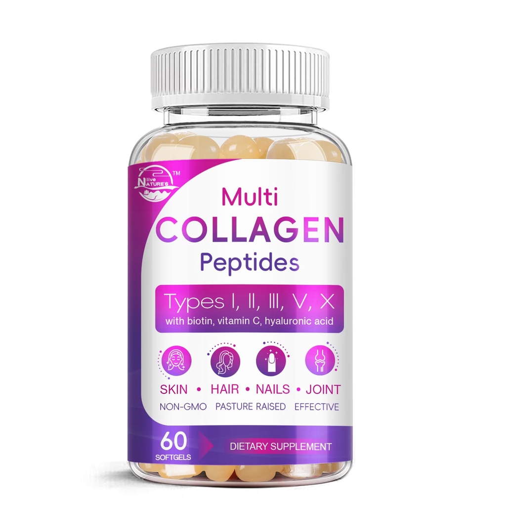Multi Collagen Peptides Softgel - Typ I, II, III, V, X - Hydrolysierte Collagen Peptide mit Biotin, Vitamin C, Hyaluronsäure, Unterstützt Hauthaar Nagel, Grass-Fed, Non-GMO, 60 Softgel, 1 Packung