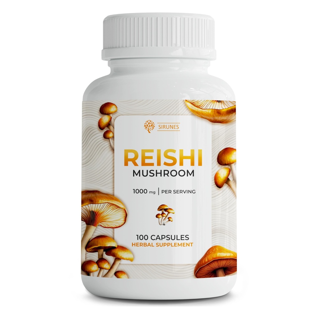 SIRUNES Reishi Mushroom Capsules – 100-Count Reishi Mushroom Supplement für Stress und Immununterstützung – 1000mg High-Strength Adaptogen Mushroom Superfood Capsules – Non-GMO und natürlich