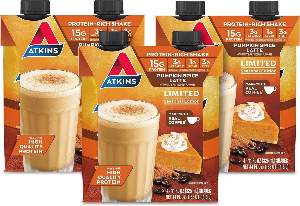 Atkins Kürbis Gewürz Latte, 15g Protein, 3g Net Carbs, 1g Zucker, Low Glycemic, Keto Friendly, 12 Count