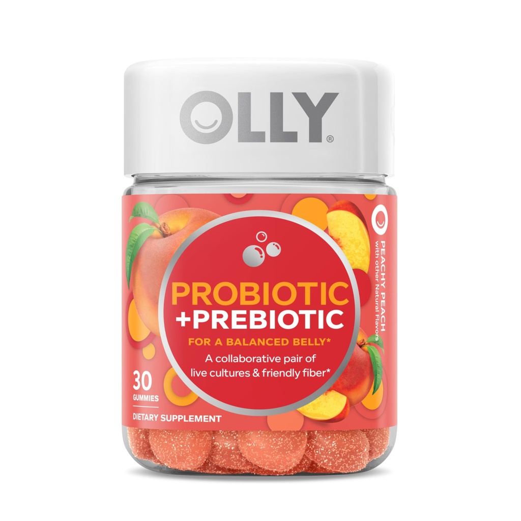 OLLY Probiotic + Prebiotic Gummy, 500 Millionen CFUs, FOS, Adult Chewable Supplement für Männer und Frauen, Peach Flavored, 30 Tage Versorgung - 30 Count