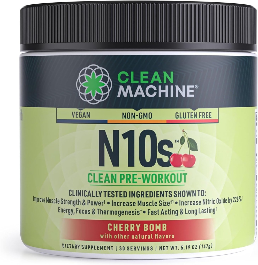 CLEAN MACHINE N10s Pflanzenbasiertes Pre Workout Powder - Vegan Energy Supplement mit 3 klinisch getesteten patentierten Inhaltsstoffen für Muskelgröße, Stärke, Pumpe & Endurance - Non-GMO, 30 Portionen