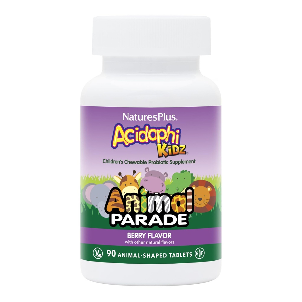 NaturesPlus Animal Parade AcidophiKidz, Berry Flavor - 90 Chewable, Animal-Shaped Tablets - mit Probiotics, FOS & Grape Seed - 90 Total Servings