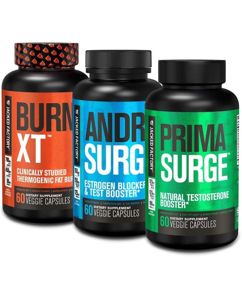 Jacked Factory Androsurge Estrogen Blocker für Männer + Primasurge Testosteron Booster für Männer + Burn XT Burn-XT Thermogenic Fat Burner - Appetite Suppressant für Weight Loss
