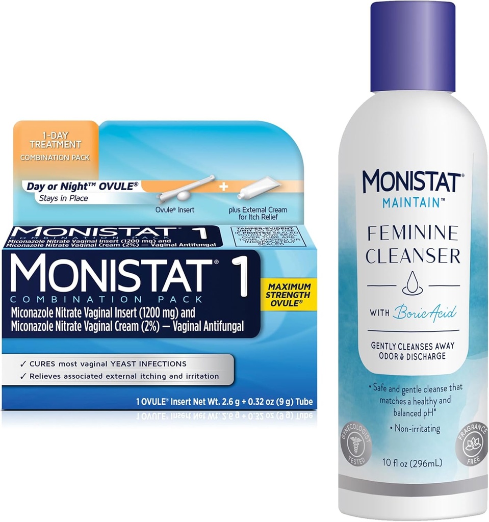 Monistat 1 Tag Hefe Infektion Behandlung für Frauen, 1 Miconazol Ovule Insert & Externer Monistat Anti-Itch Cream Bundle + 10 fl oz Boric Acid Feminine Cleanser