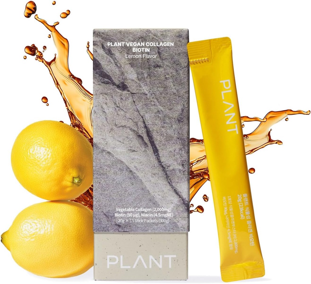 PLANT Vegan flüssiges Kollagen, Biotin, Niacin | 2,000mg hydrolysierte Collagen Peptide | Kosher & Halal Certified| Lemon Flavor| Haut, Haar & Nail Support| 363Da Ultra Low Molecular |15 Stick Packs