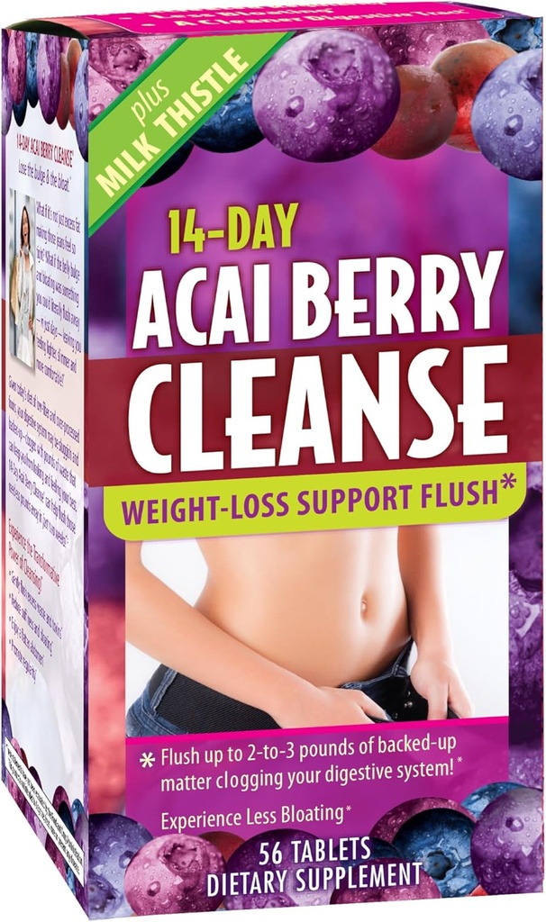 Applied Nutrition 14-Day Acai Berry Cleanse - 56 Tablets - Weight-Loss Support Flush + Milk Thistle - 28 Servings