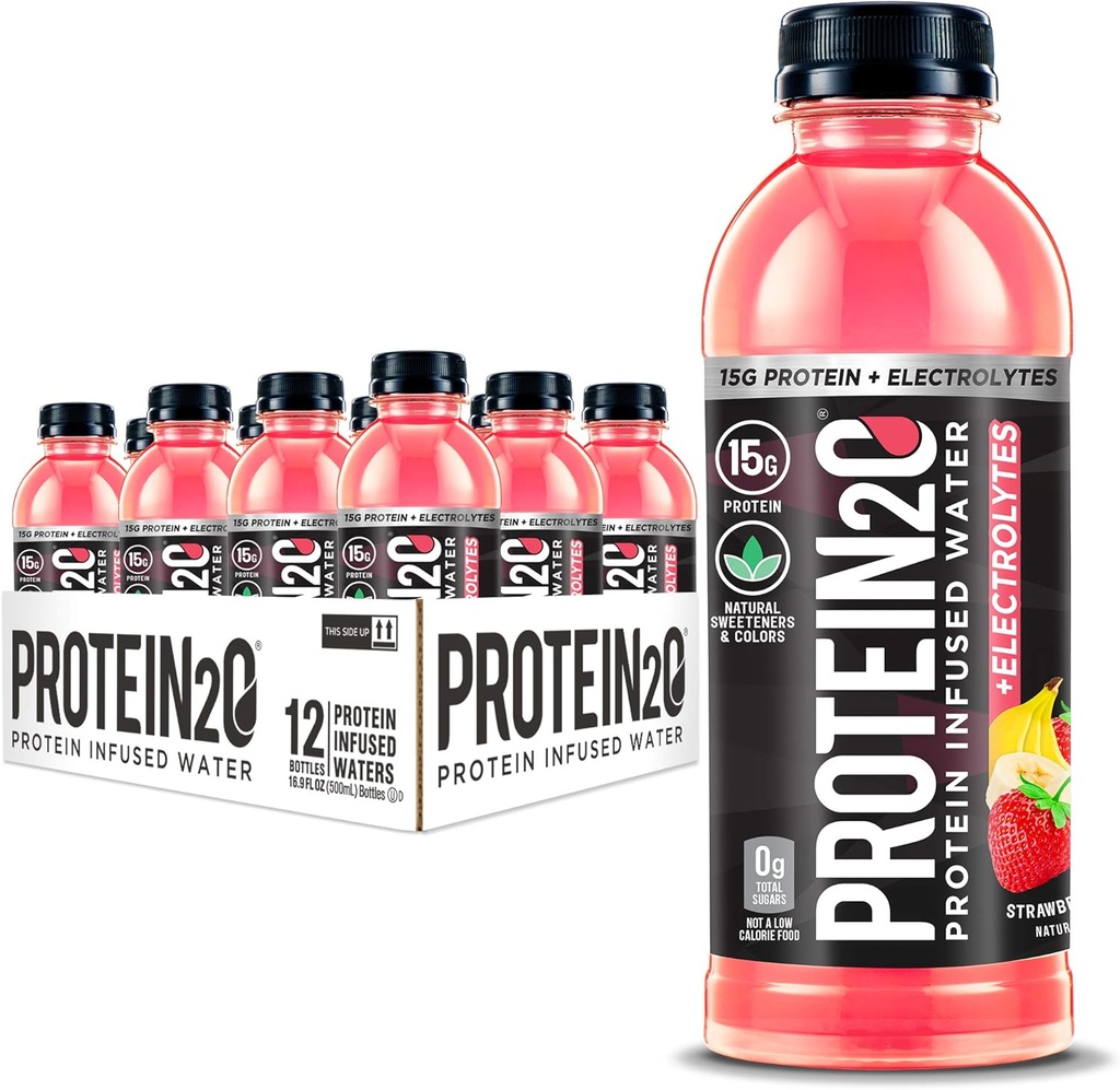 Protein2o + Elektrolyte, Low Calorie Protein Infused Water, 15g Whey Protein Isolate, Strawberry Banana, 16.91 fl oz (Pack mit 12)