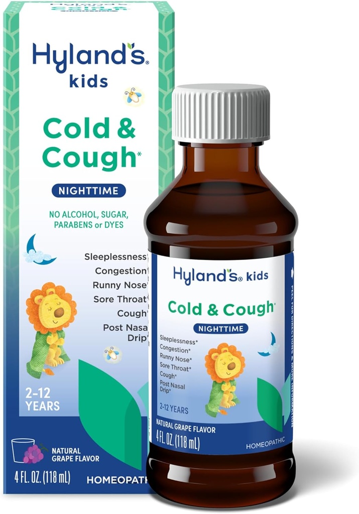 Hyland's Kids Cold and Cough, Nighttime Grape Flavor Cough Syrup Medizin für Kinder Alter 2 und oben, Decongestant, Sore Throat, und Schlaflosigkeit Relief von Common Cold Symptoms, 4 Fl Oz