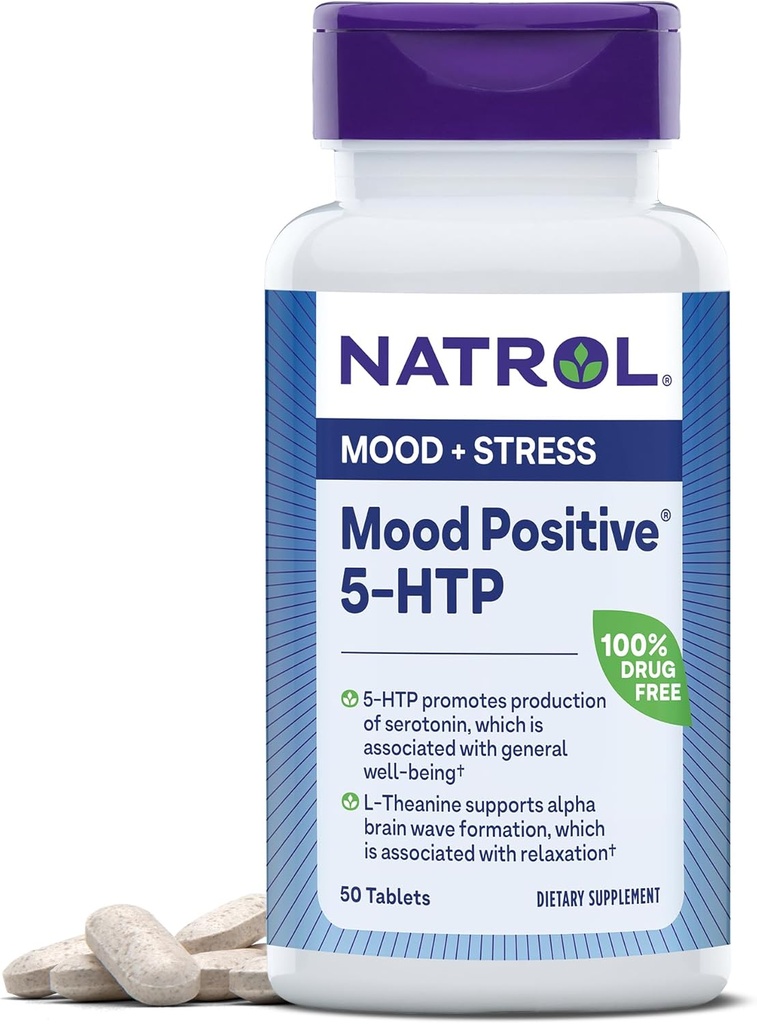 Natrol Mood Positiv 5-HTP und L-Theanin für Balanced Mood und Entspannung, 50 Tabletten, bis zu einem 50-Tage-Versorgung