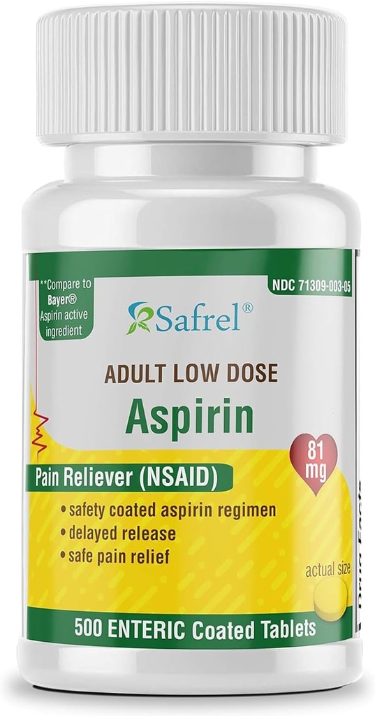 Safrel Generic Bayer Baby Aspirin 81 mg (500 Enteric Coated Tablets) | Adult Low Dose Strength Safe Pain Reliever (NSAID) für Minor Aches | Value Pack
