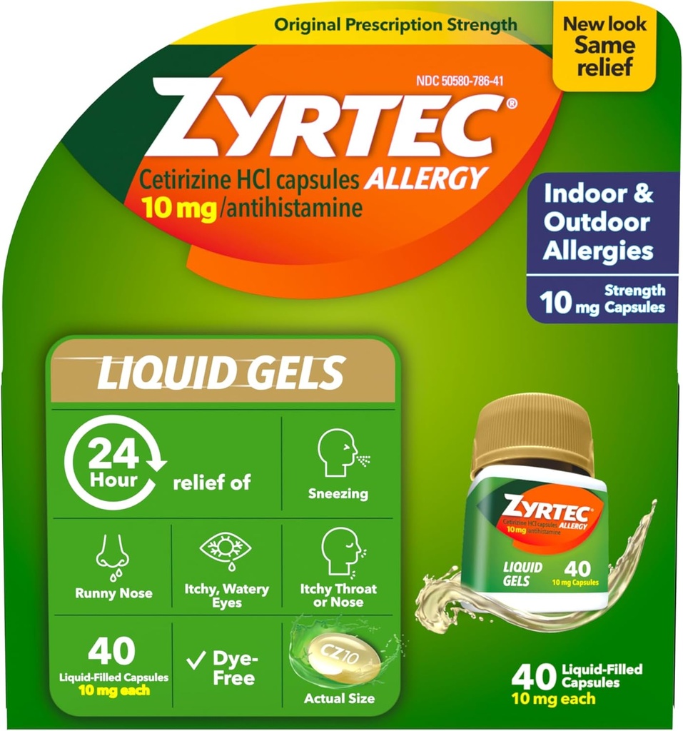 Zyrtec 24 Hour Allergy Relief Liquid Gels, Antihistamin Kapseln mit Cetirizine HCl Allergie Medizin für All-Day Relief von Runny Nose, Sneezing, Itchy Eyes & More, 40 Count