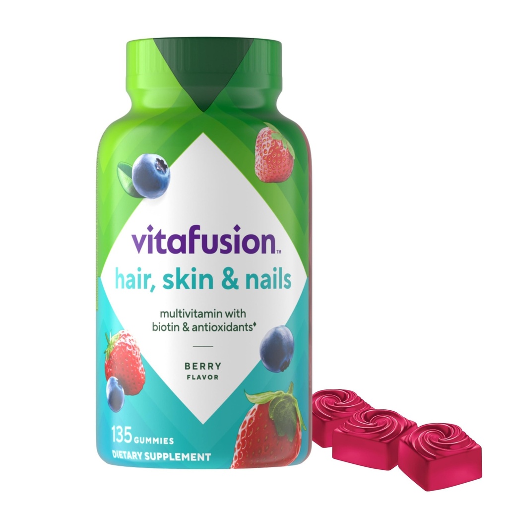 Vitafusion Gorgeous Hair, Haut und Nägel Multivitamin Gummy Vitamine, plus Biotin und Antioxidante Vitamine C&E, Himbeer Geschmack, 135ct (45 Tage Versorgung), aus Amerikas Nummer eins Gummy Vitamin Marke