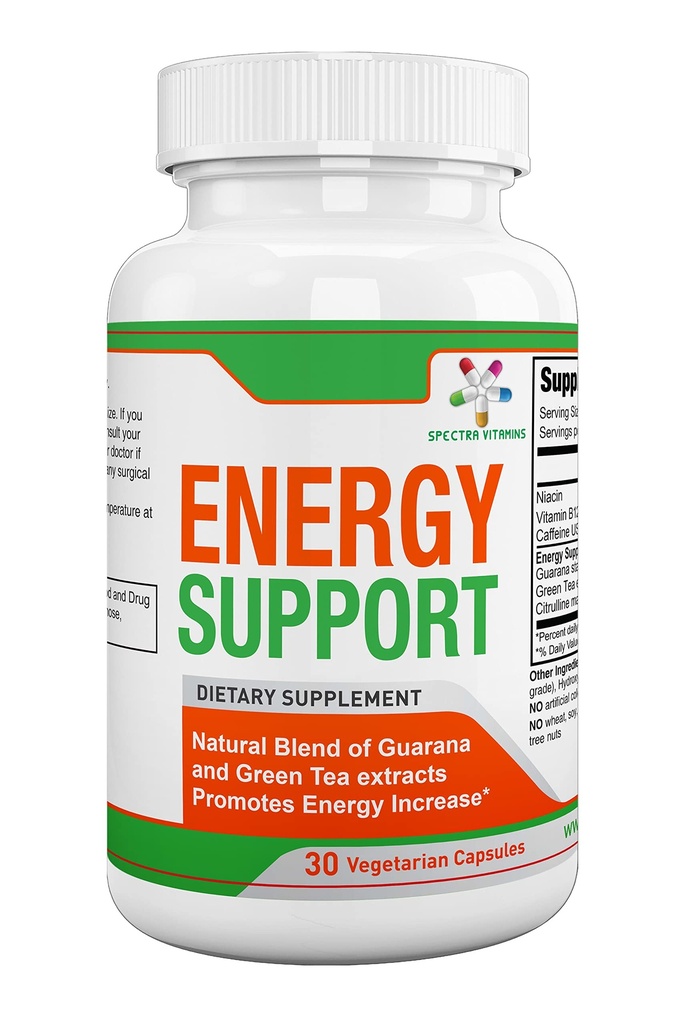 Spectra Vitamins Natural Energy Support 30 Kapseln - Guarana Kapseln - Vitamin B12 - Guarana und Grüner Tee Extrakte - Citrulline Energy Supplements mit natürlichem Energie-Booster