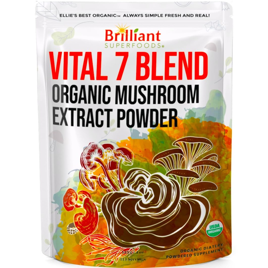 Ellie's beste 7 Pilz-Pulver-Gemisch-Ergänzung organische 114 Servierungen hohe Potenz doppelt extrahiert Cordyceps, Reishi, Türkei-Tail, Chaga, Lion's Mane - 4oz