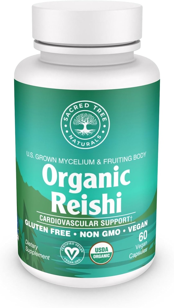 Bio Reishi Mushroom Capsules - 1000mg Potency - Stress Relief, Herzgesundheit &amp; Immunität - Non-GMO, Vegan, 60 Count (30 Servierungen)