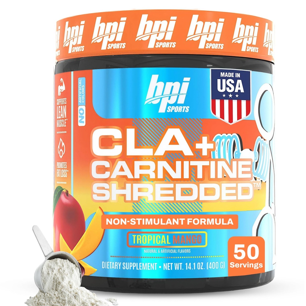 BPI Sports CLA + Carnitine Shredded - Konvertieren Sie Fettzellen In Energie und unterstützt Lean Muskel, Boost Metabolism - Non-Stimulant L-Carnitine Supplement - Tropical Mango (14.1 oz. / 50 Portionen)