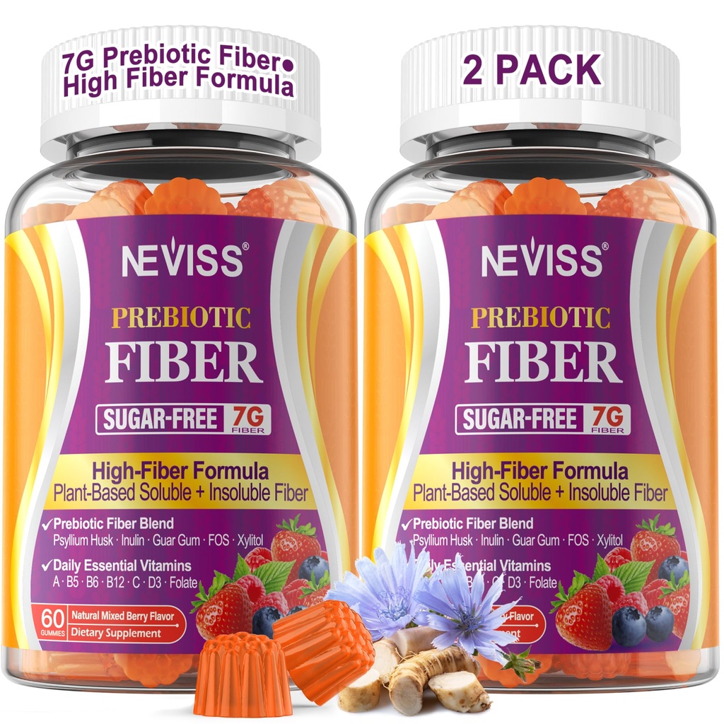 Fiber Gummis für Erwachsene mit Psyllium Husk, 7G(Soluble + Unlöslich) Tägliche präbiotische Faser mit Inulin, FOS, Guar Gum, Multivitamine für tägliche Verdauungsgesundheit, Regularity Support,Sugar Free,Pack von 2