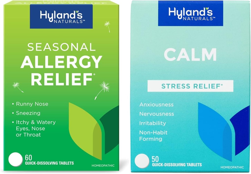 Bundle of Hyland's Indoor and Outdoor, Non Drowsy Seasonal Allergy Relief Pillen 60 CT und ruhig Tablets, natürliches Relief von Angst, Nervousness, Stress und Irritabilität 50 CT