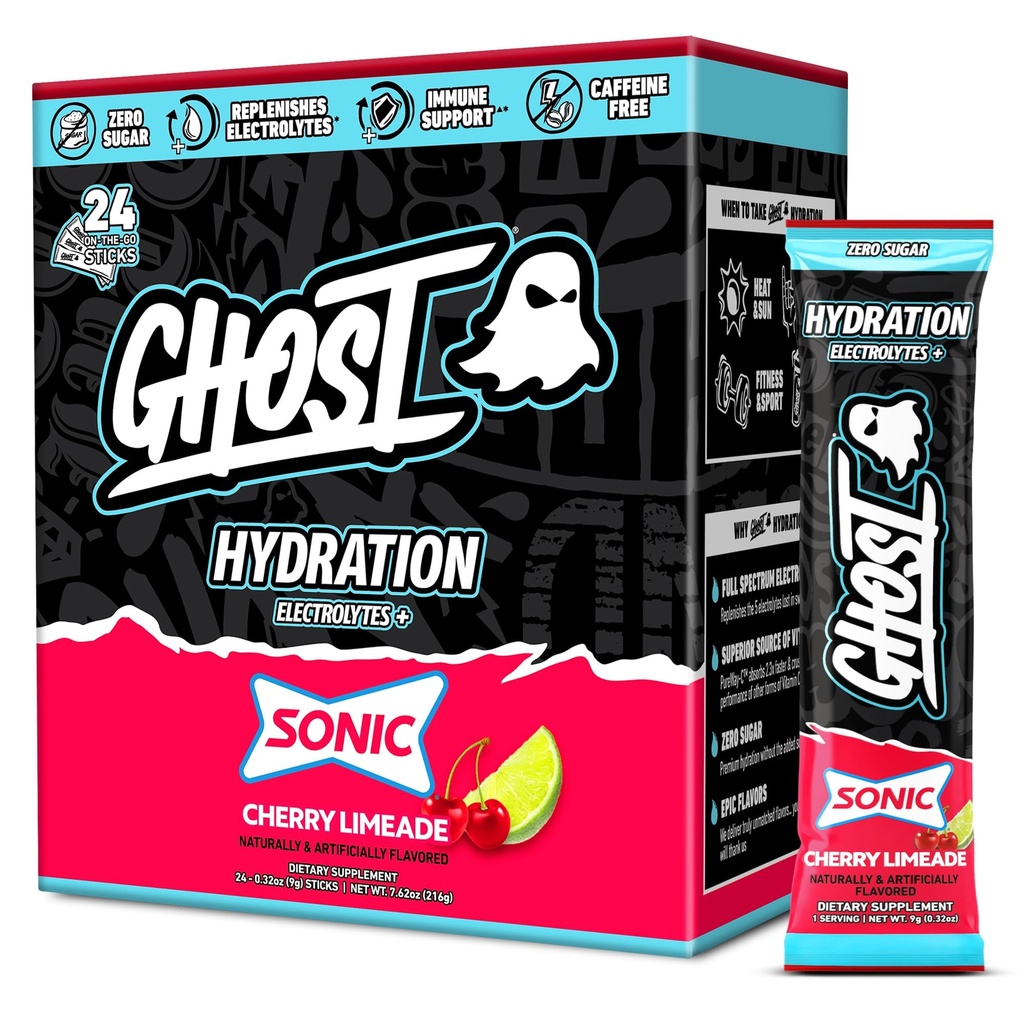 GHOST Hydration Packets, Sonic Cherry Limeade, 24 Sticks, Elektrolyt-Pulver - Getränke-Mix-Ergänzung mit Magnesium, Kalium, Calcium, Vitamin C - Vegan freundlich, frei von Soja, Zucker & Gluten
