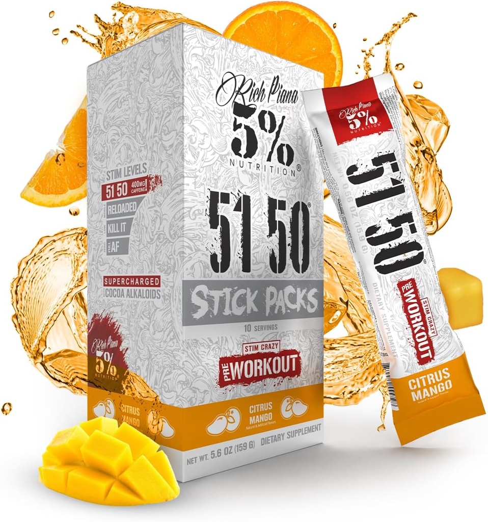 5% Ernährung Rich Piana 5150 High Stim Pre-Workout Powder Packets | Extreme Energy, Focus, Pumps & Endurance | 513 mg Caffeine Complex, Citrulline, Beta Alanine, L-Tyrosine (Citrus Mango) (10 Count)