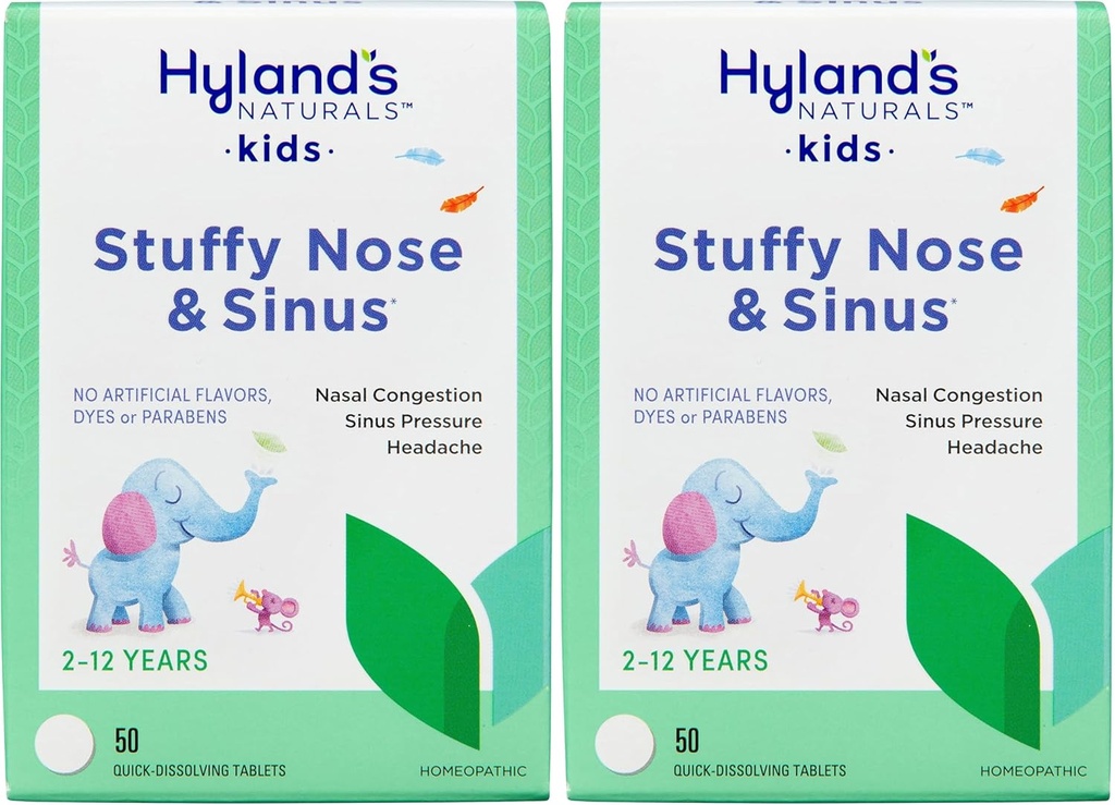 Hyland's Naturals Kids Stuffy Nose und Sinus Tablets, Kalte und Allergie Medizin für Kinder Alter 2 und oben, Kopfschmerzen Relief und Nasenentlastung, Schnellauflösende Tabletten, 50 Count (Pack von 2)